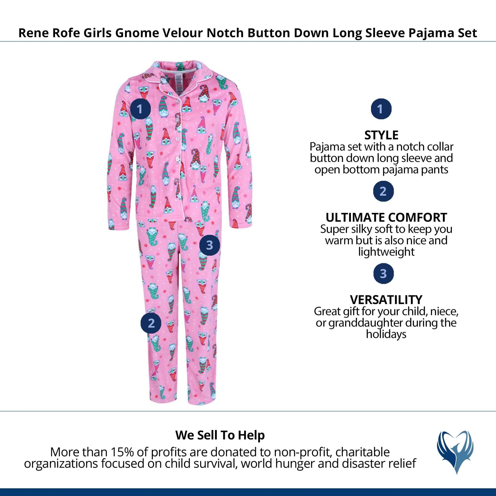 Rene Rofe Girls Gnome Velour Notch Button Down Long Sleeve Pajama Set