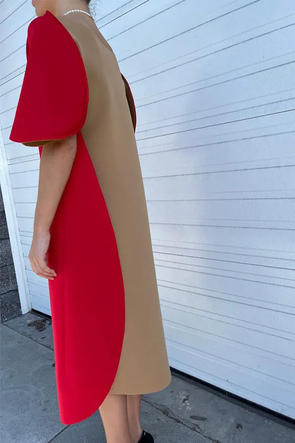 Reversible Scallop Dress in Red/Camel