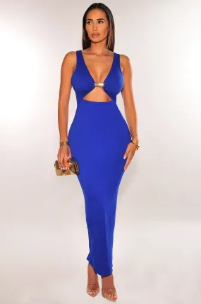 Royal Blue Gold Ring Sleeveless Cut Out Back Slit Dress