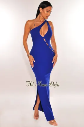 Royal Blue Ribbed One Shoulder Cut Out Slit Dress