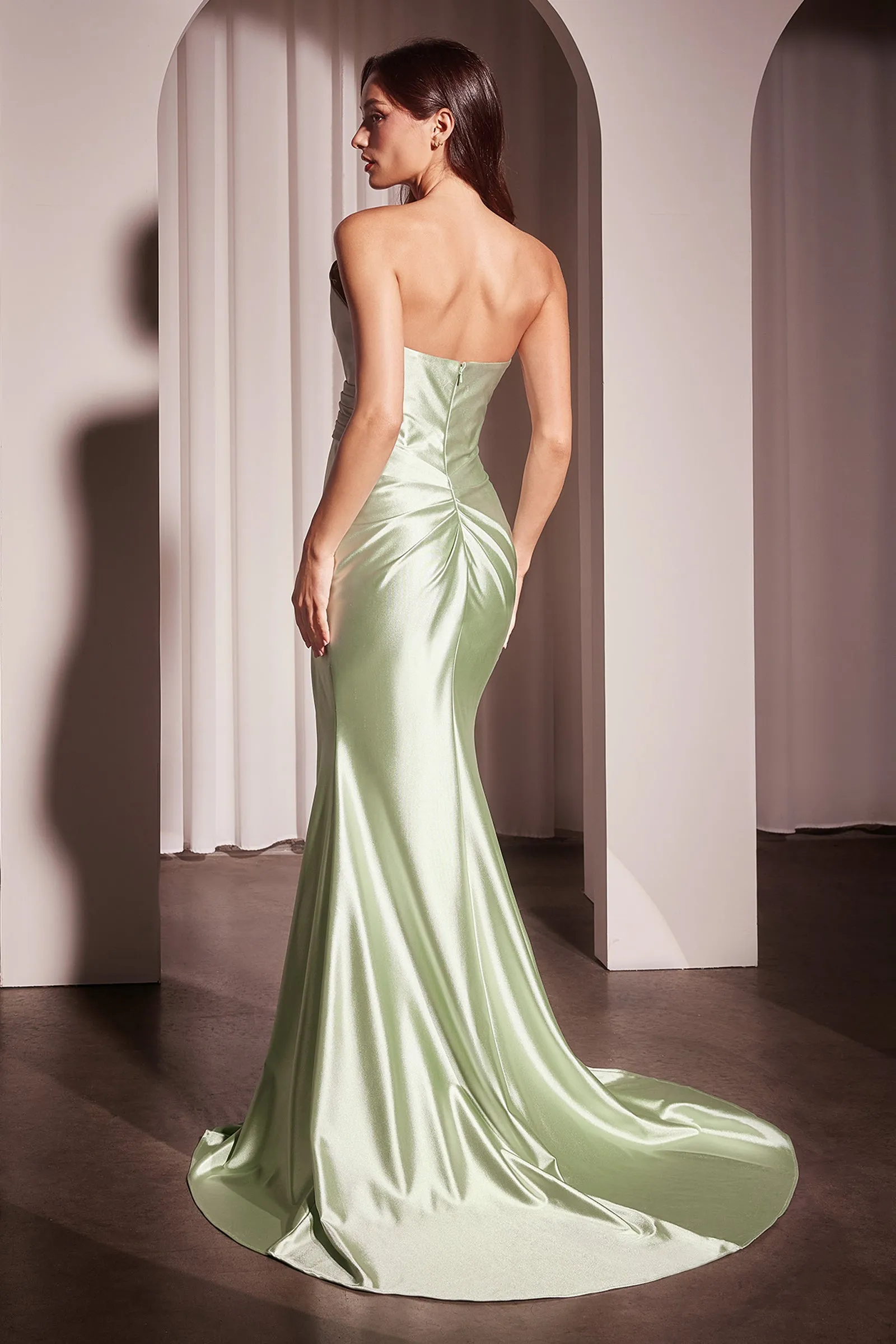 Satin Fitted Strapless Slit Gown by Ladivine KV1118