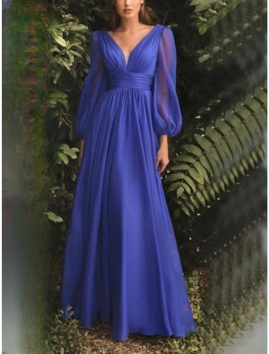 Sheath / Column Wedding Guest Dresses Elegant Dress Party Dress Floor Length Long Sleeve V Neck Fall Wedding Guest Chiffon with Pleats Slit