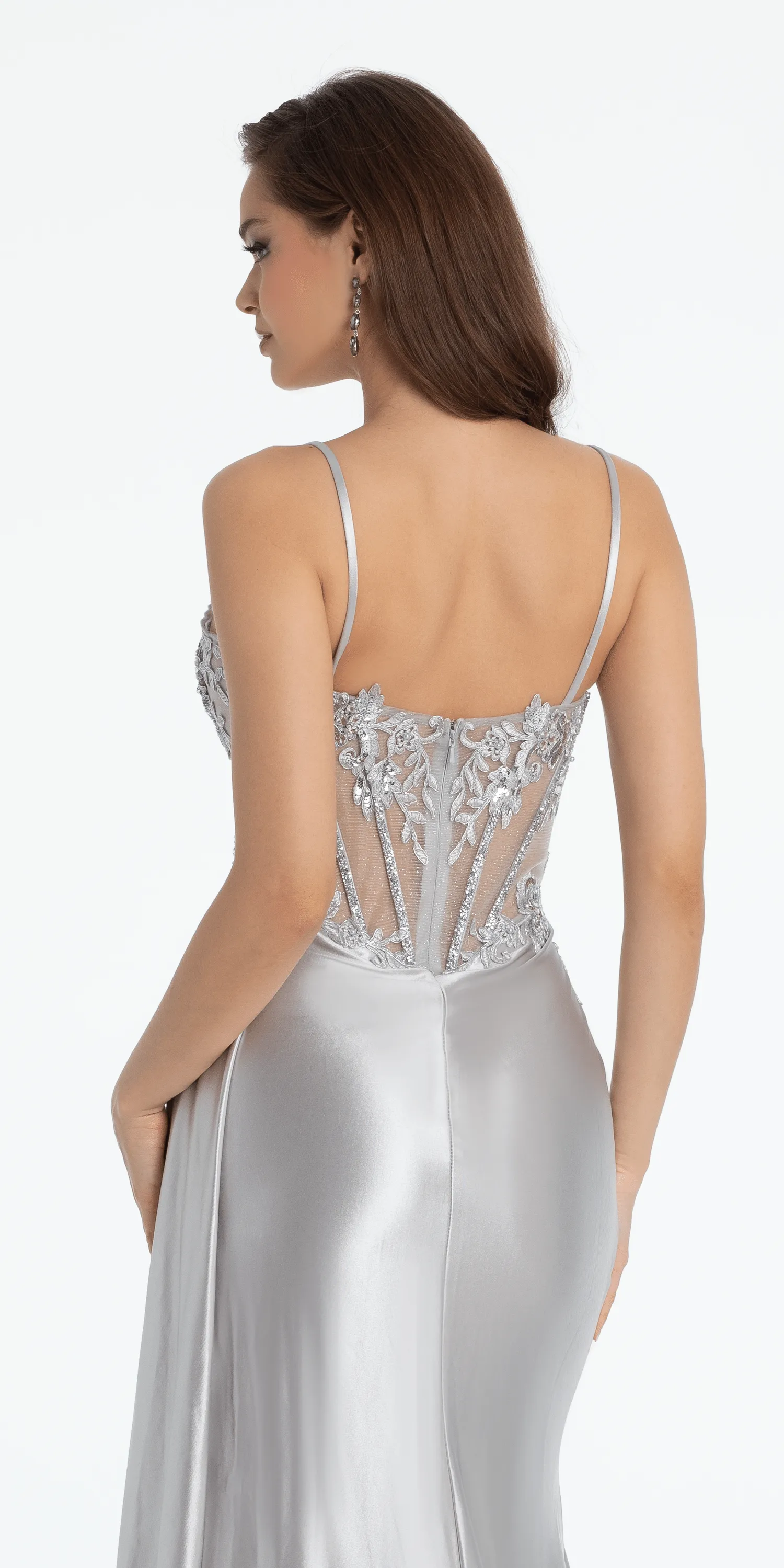 Sheer Embellished Satin Corset Trumpet Dress with High Slit