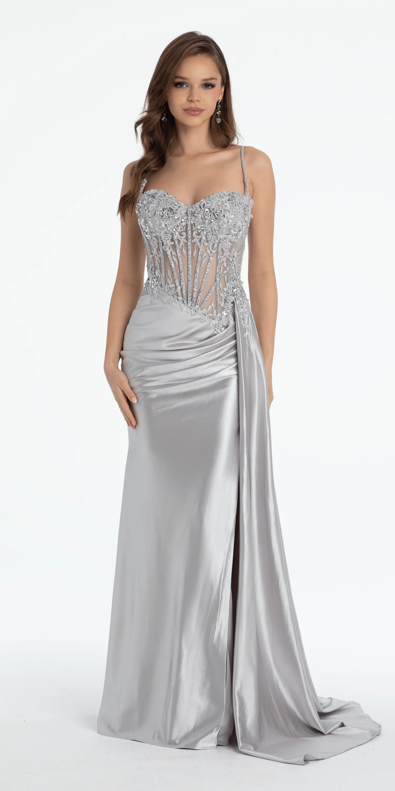 Sheer Embellished Satin Corset Trumpet Dress with High Slit