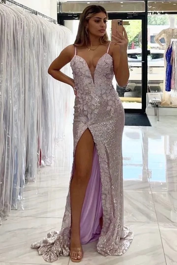 Stunning Lilac Sequins Mermaid Long Prom Dresses Formal Evening Dresses OK1693