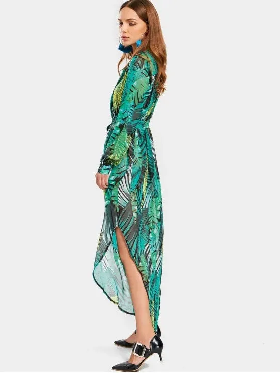 TastyHottie - Fun Leaves Print High Slit Belted Asymmetric Dress