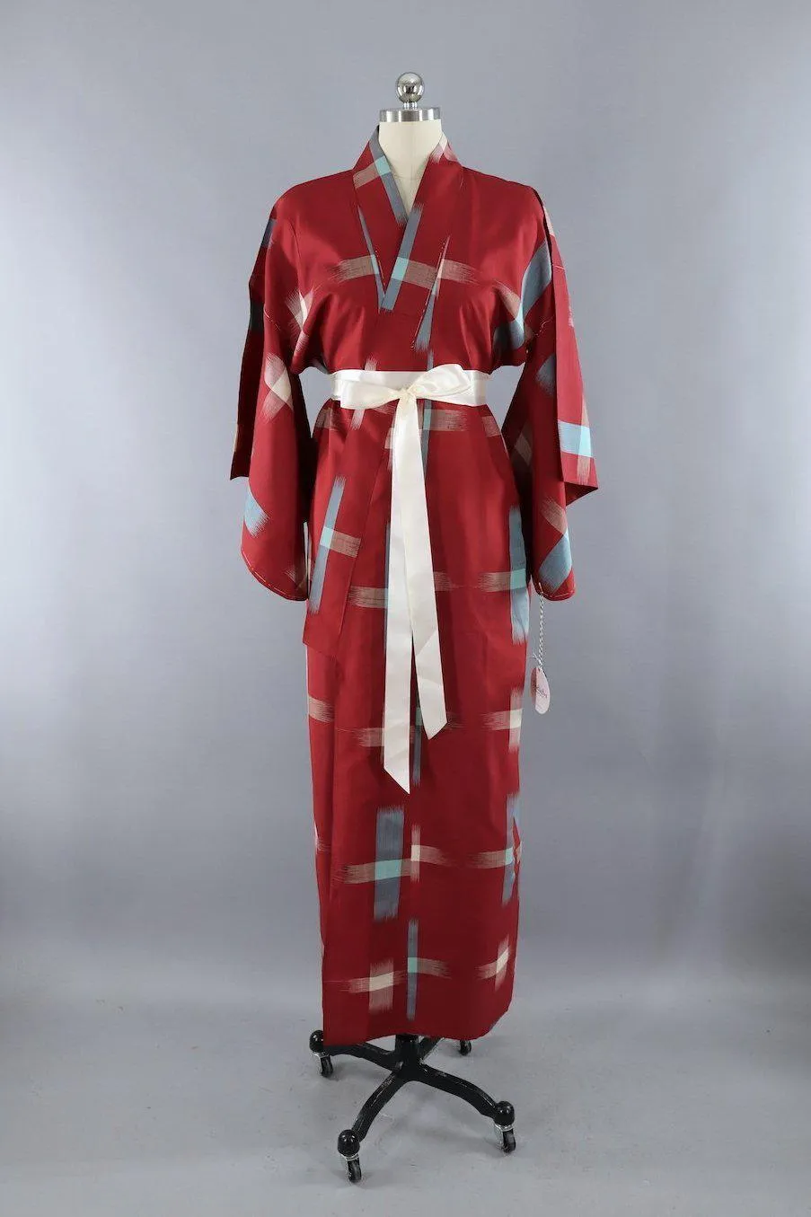 Vintage 1940s Silk Kimono Robe / Brick Red and Turquoise Ikat