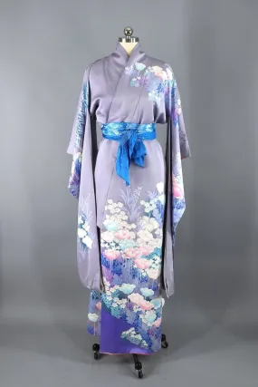 Vintage Kimono Robe Furisode / Lavender Purple Floral Print