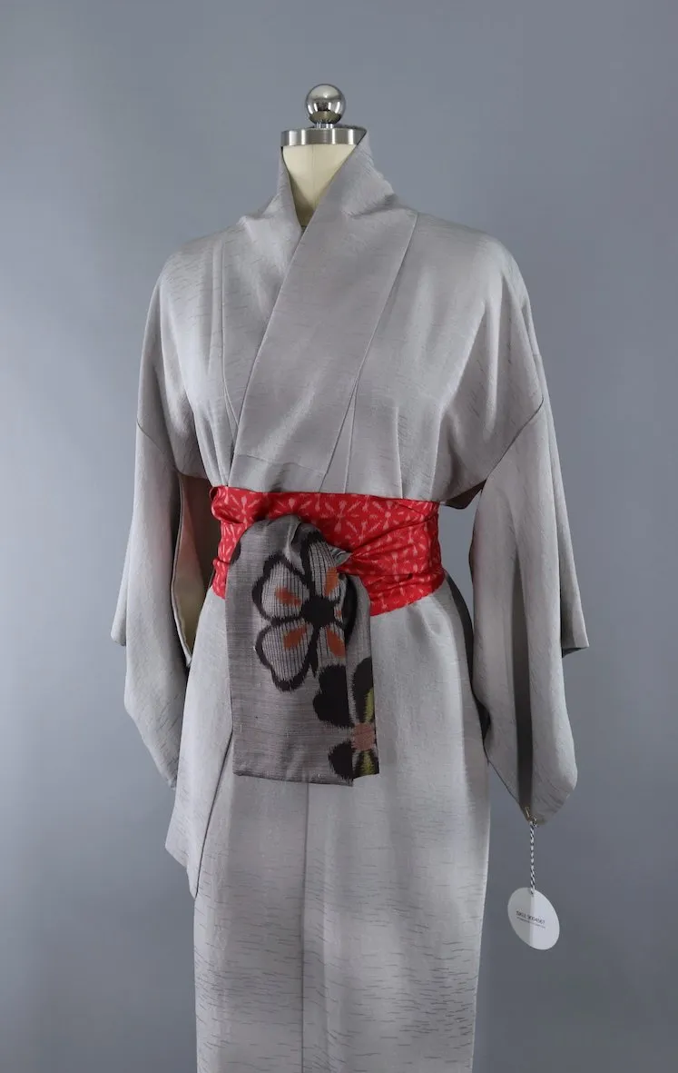 Vintage Silk Kimono Robe / Grey and White Ombre