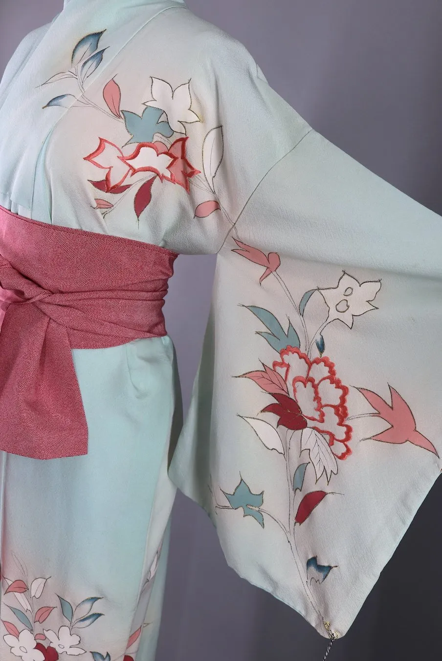 Vintage Silk Kimono Robe / Light Blue and Pink Embroidered Floral Print