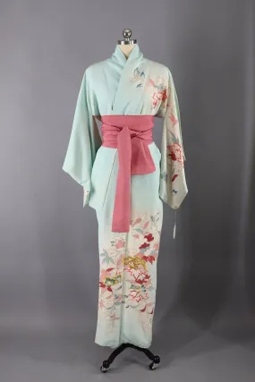 Vintage Silk Kimono Robe / Light Blue and Pink Embroidered Floral Print