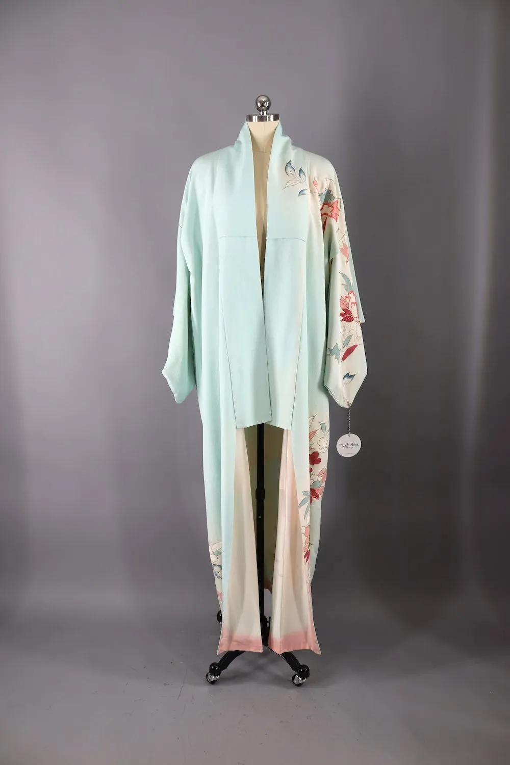 Vintage Silk Kimono Robe / Light Blue and Pink Embroidered Floral Print