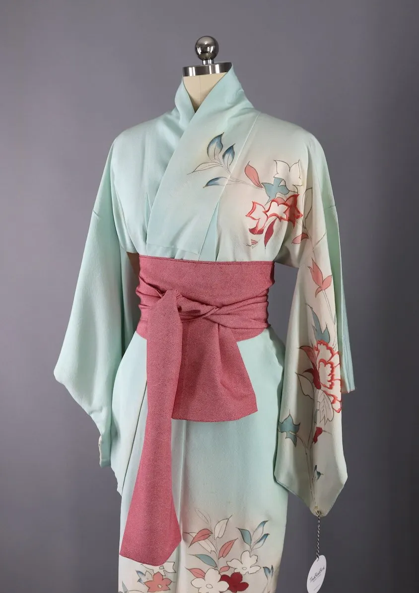 Vintage Silk Kimono Robe / Light Blue and Pink Embroidered Floral Print