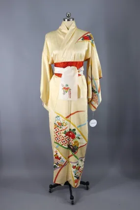 Vintage Silk Kimono Robe / Light Gold and Orange Leaf Floral Print