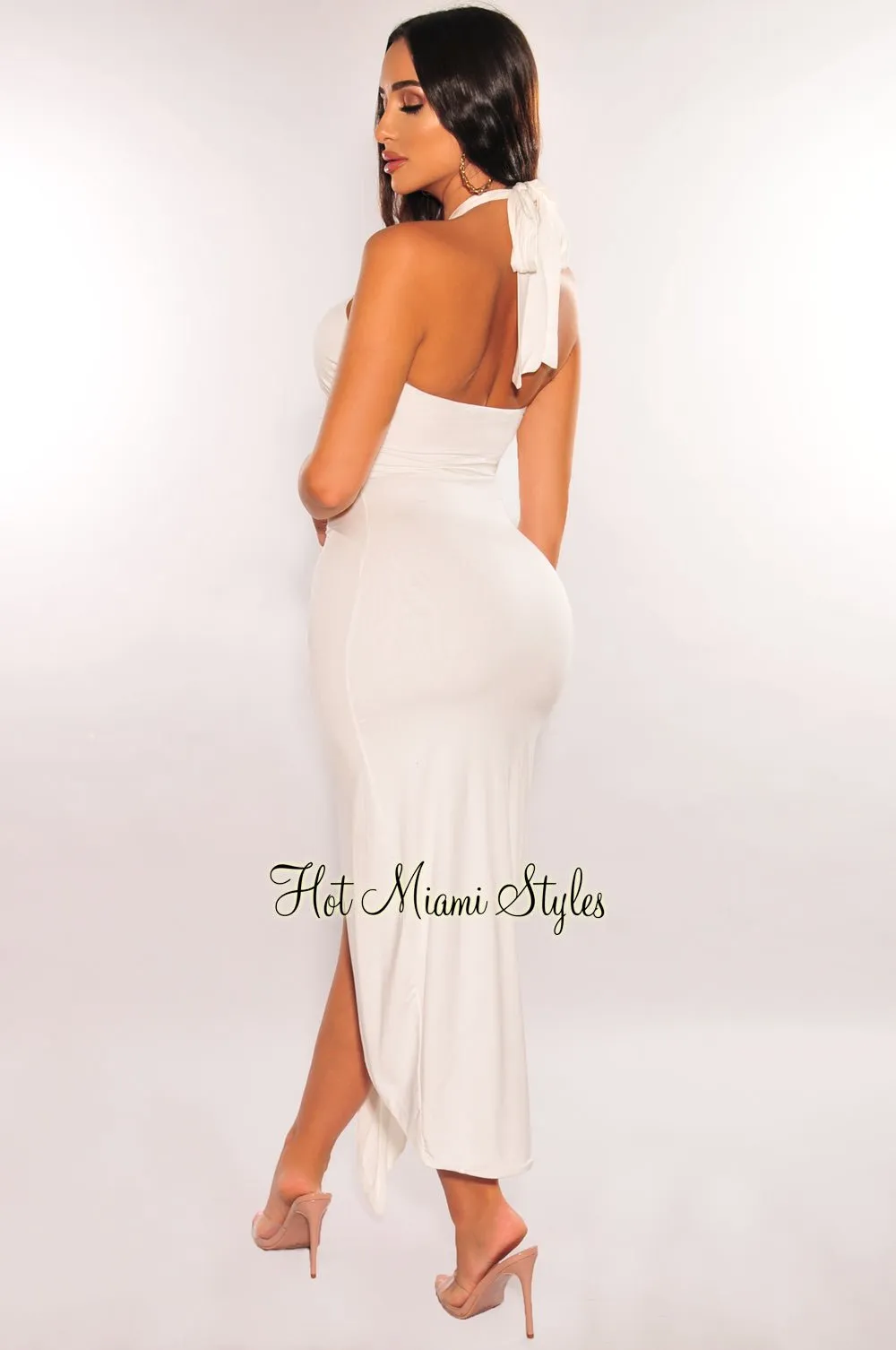 White Halter Crisscross Cut Out Drape Ruched Slit Dress