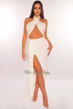 White Halter Crisscross Cut Out Drape Ruched Slit Dress