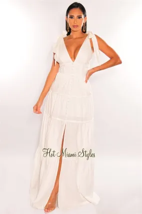 White V Neck Tie Up Button Up Slit Tiered Maxi Dress